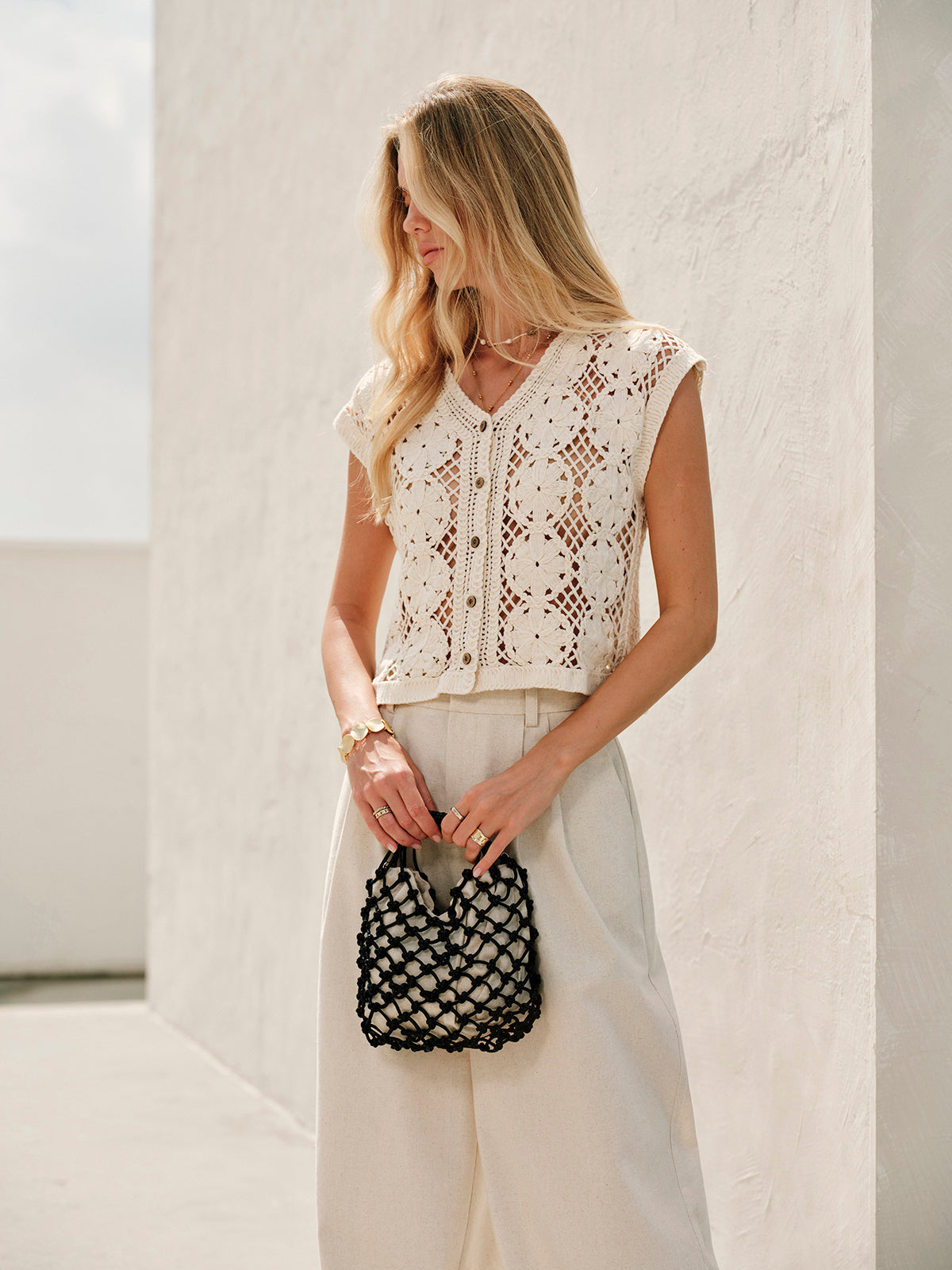 Amara Floral Crochet Button-Down Crop Top