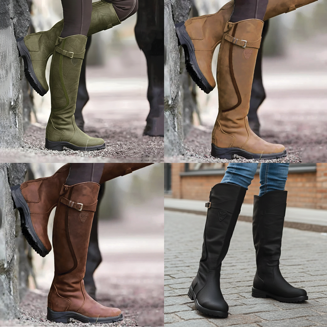 Adeline Leather Buckle Knee-High Riding Boots