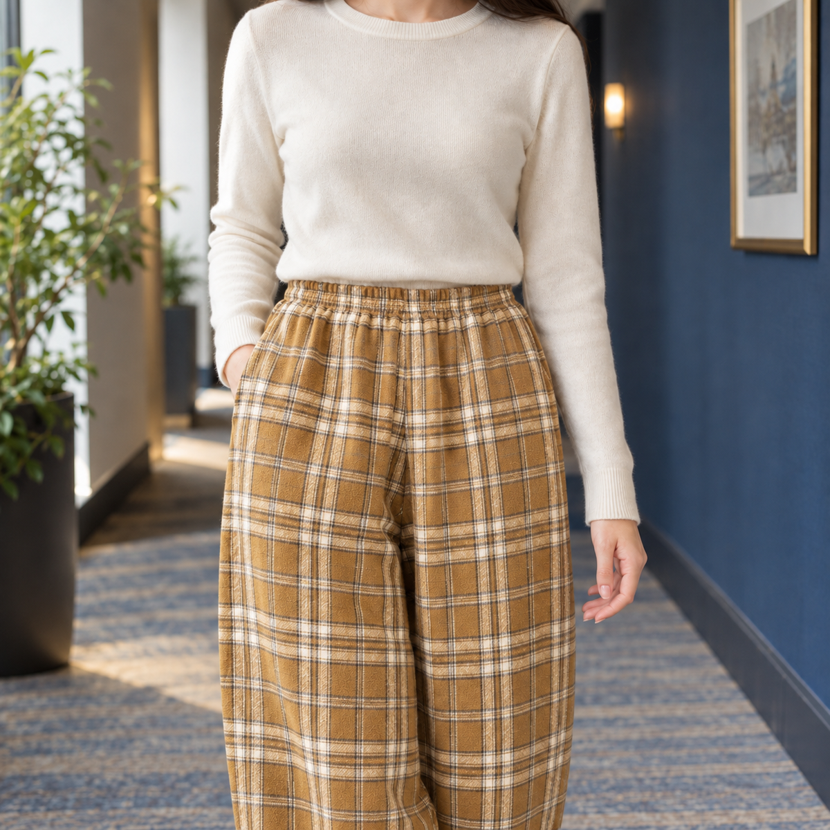 Delia Stretch Plaid Straight-Leg Pants