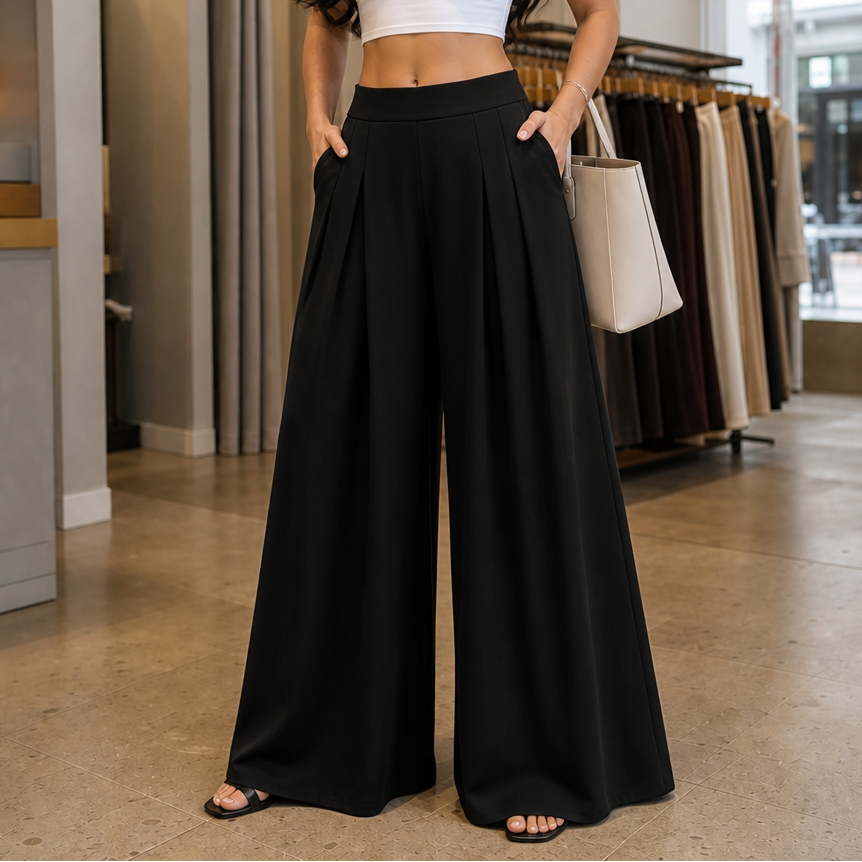 Alessa Stretch High-Waist Pleated Wide-Leg Pants