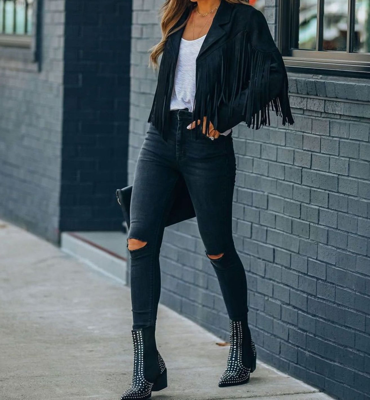 Fiorella Faux Suede Fringe Moto Jacket