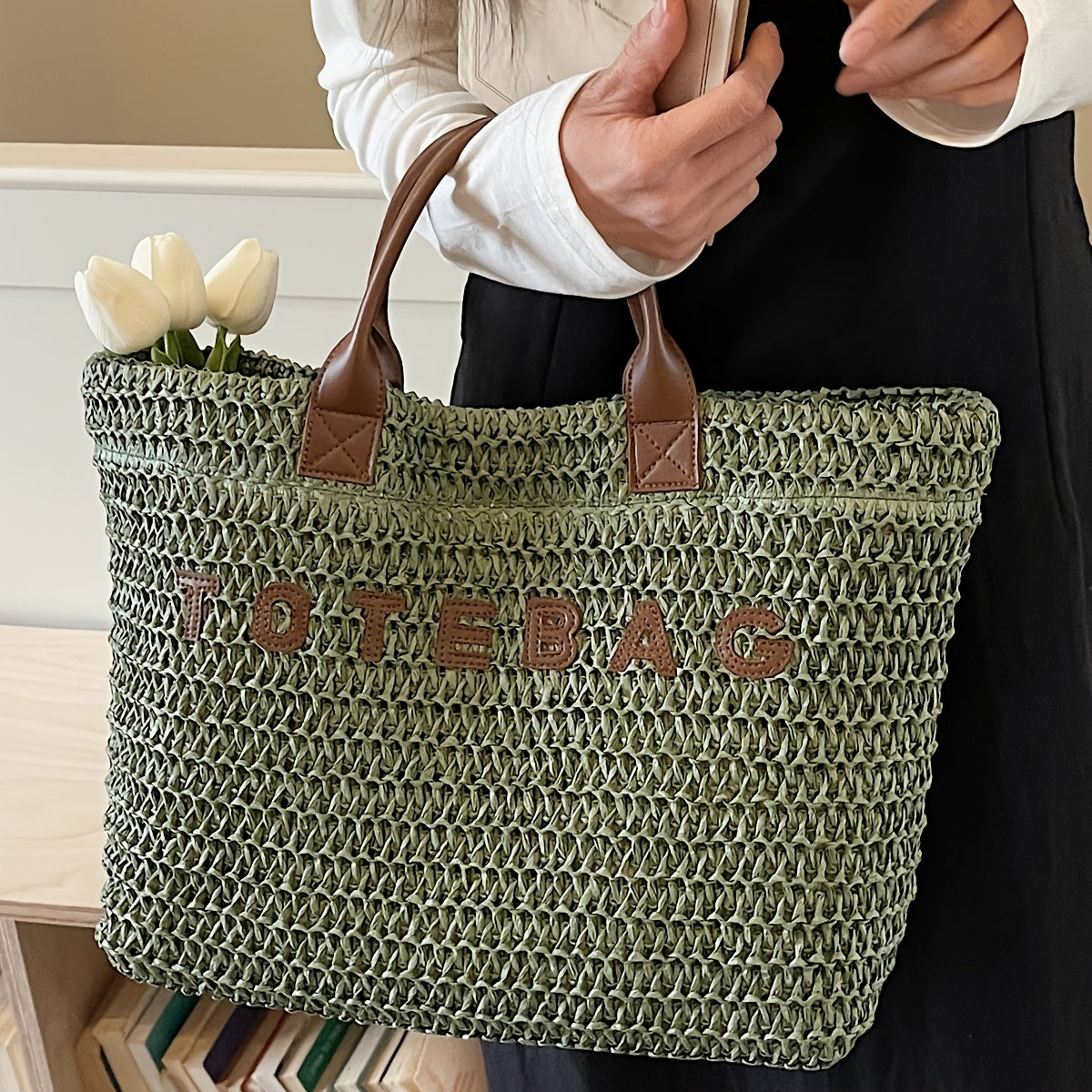 Vespera Woven Leather Handle Tote Bag