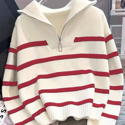 Cosette Striped Half-Zip Collared Sweater