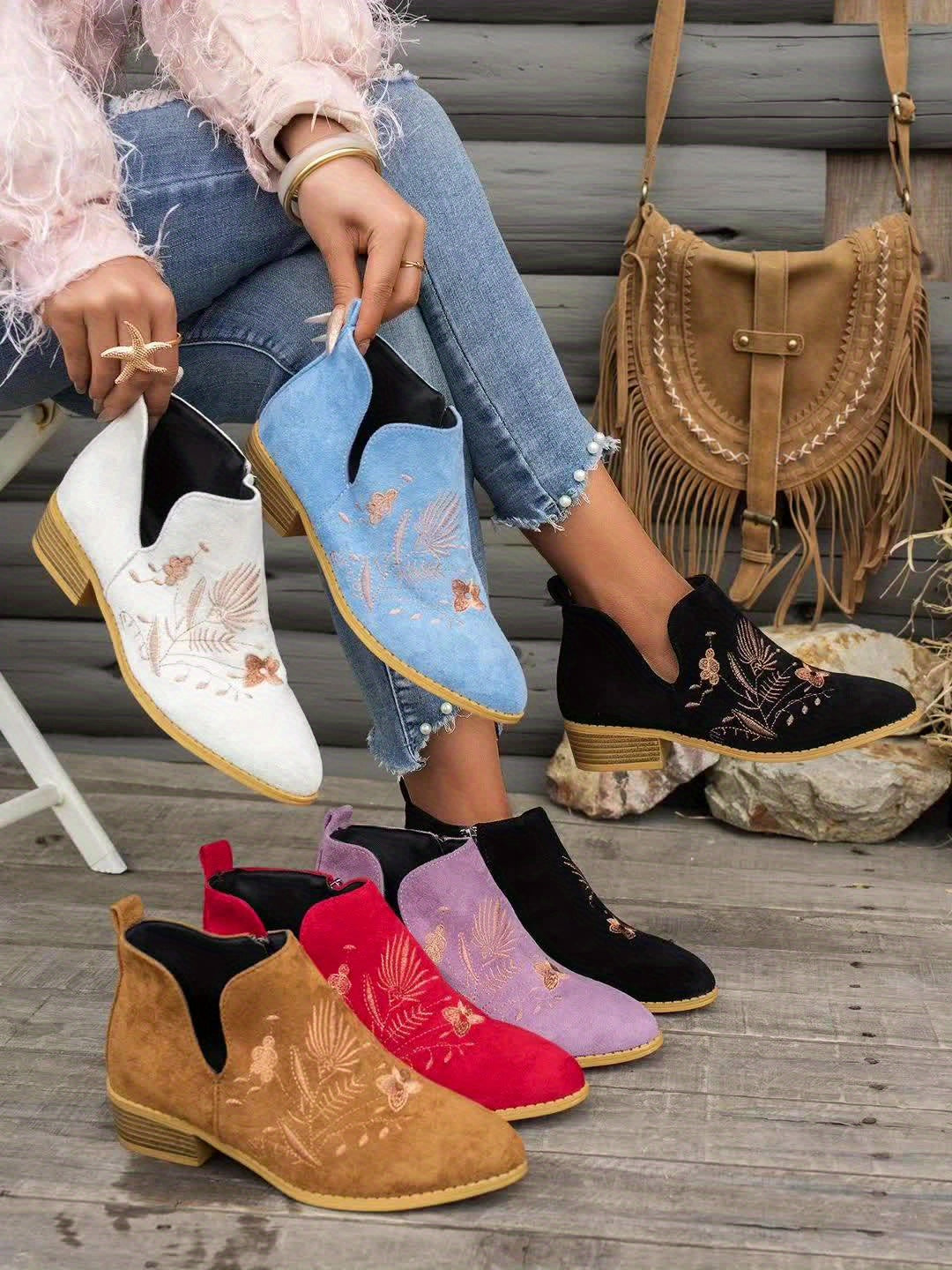 Dahlia Embroidered Low-Heel Ankle Boots