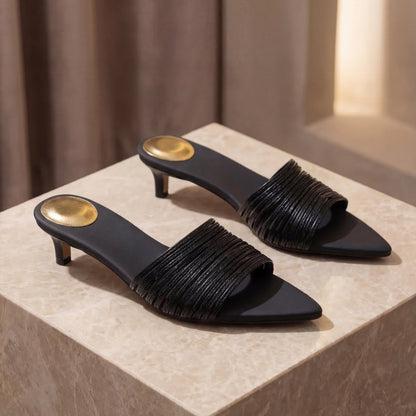 Vivienne Pleated Leather Kitten Heel Mules