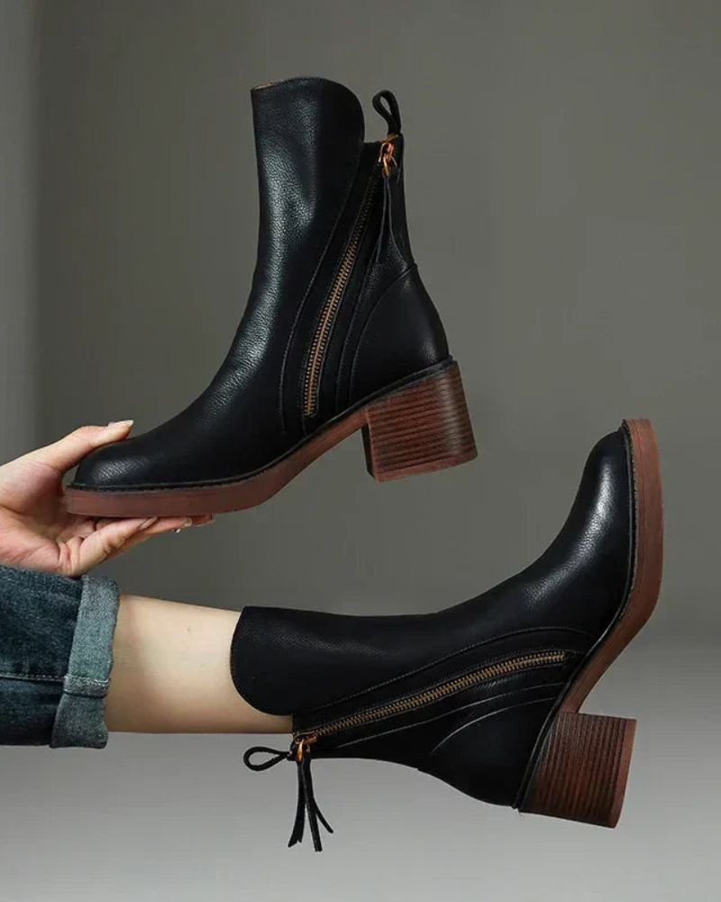 Selena Black Leather Ankle Boots