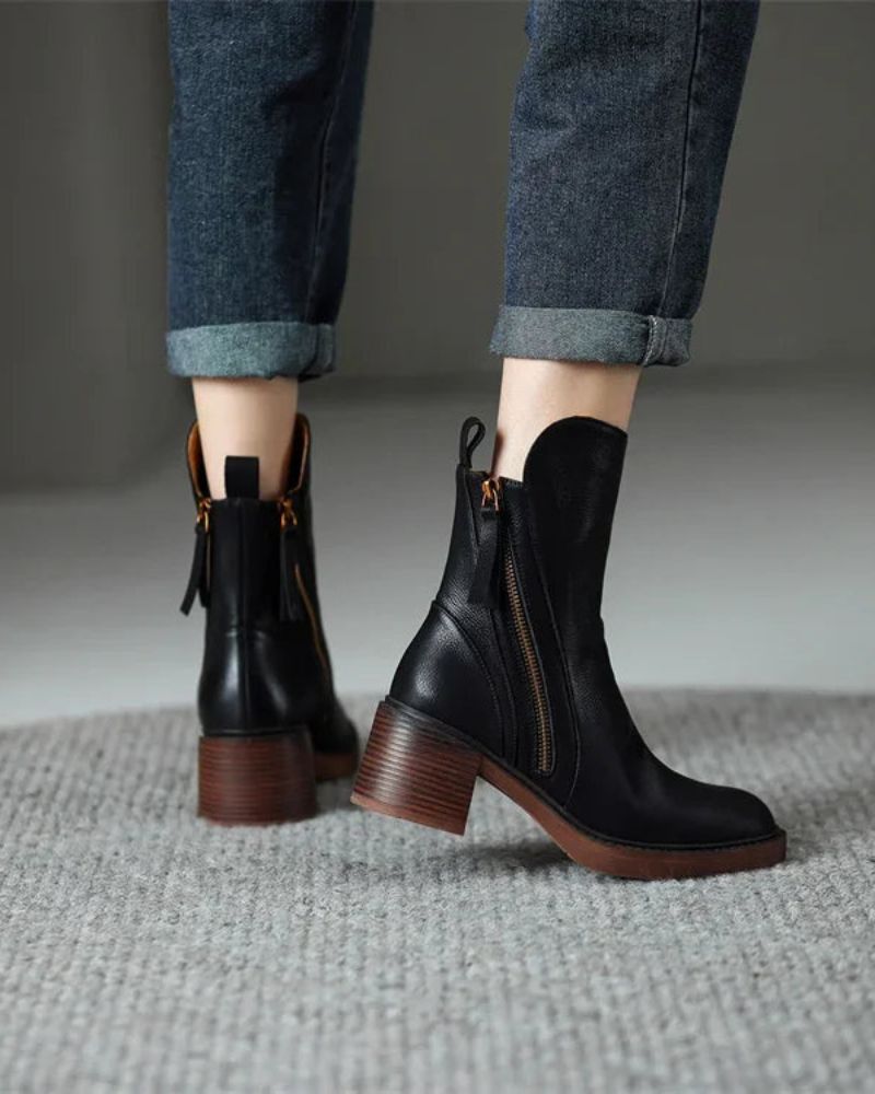 Selena Black Leather Ankle Boots