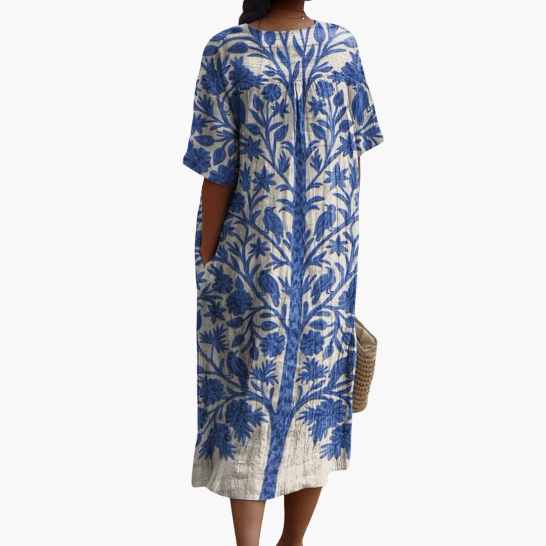 Liora Botanical Print Linen Midi Dress