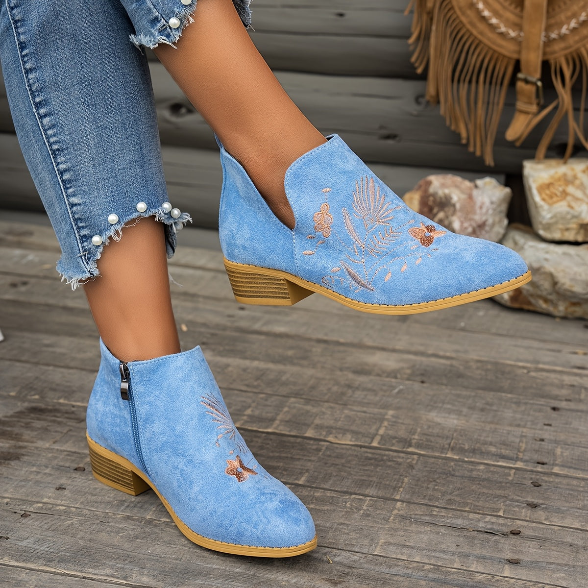 Dahlia Embroidered Low-Heel Ankle Boots