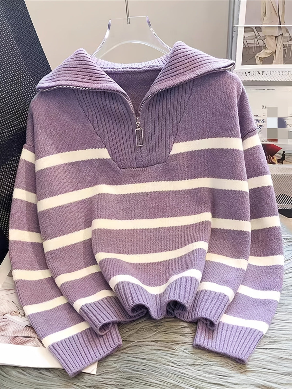 Cosette Striped Half-Zip Collared Sweater