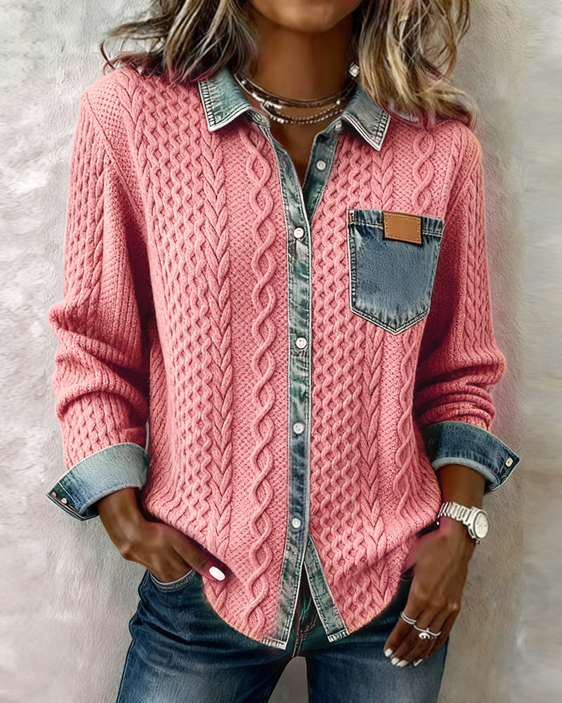 Liesel Cable-Knit Denim Collar Sweater