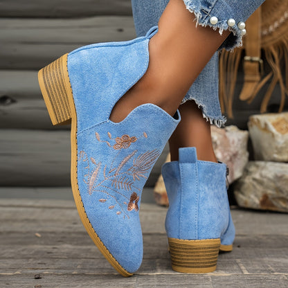 Dahlia Embroidered Low-Heel Ankle Boots