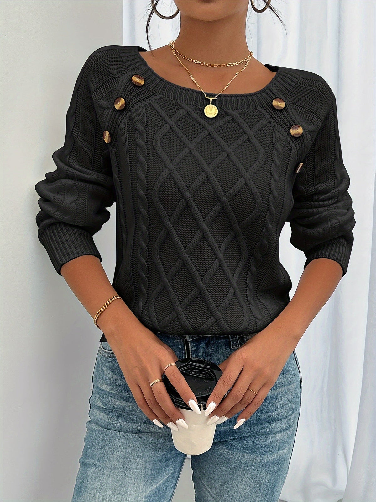 Claribel Textured Button-Detail Knit Sweater