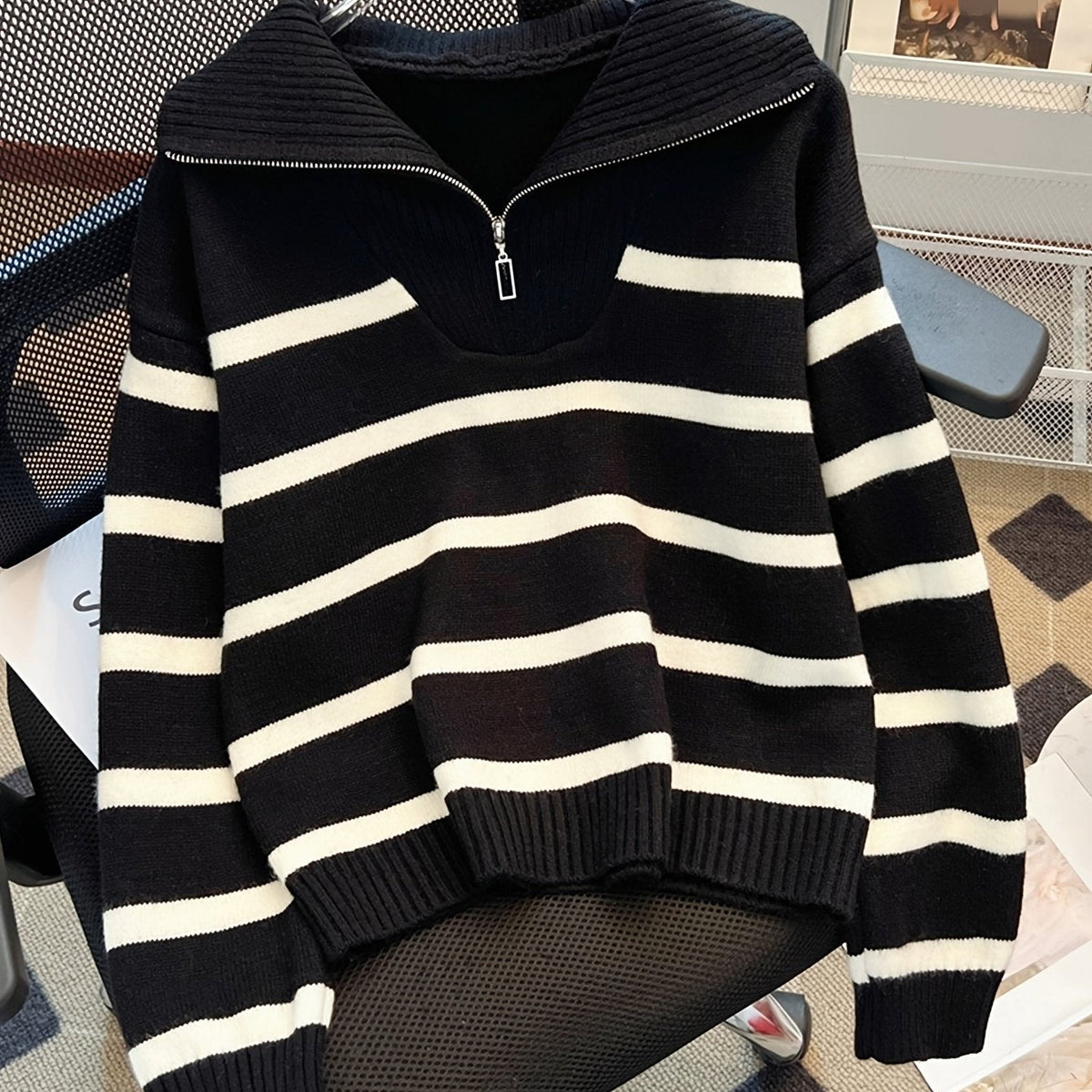 Cosette Striped Half-Zip Collared Sweater