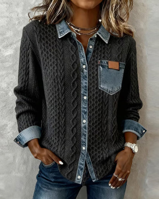 Liesel Cable-Knit Denim Collar Sweater
