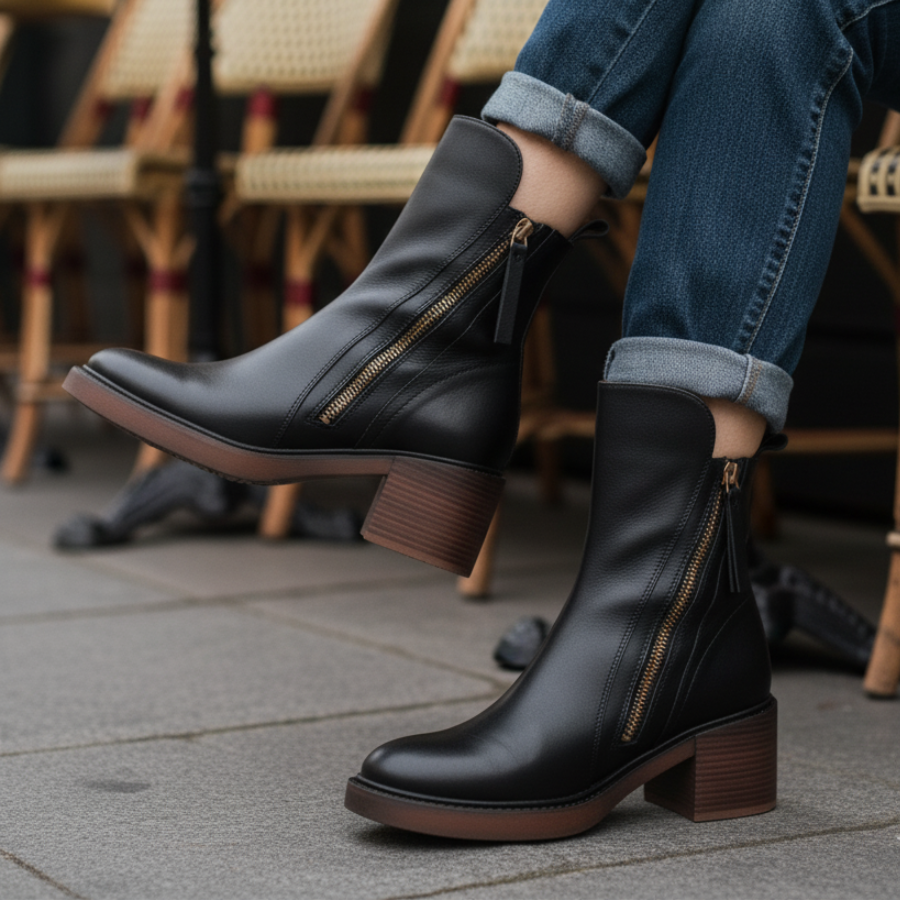 Selena Black Leather Ankle Boots