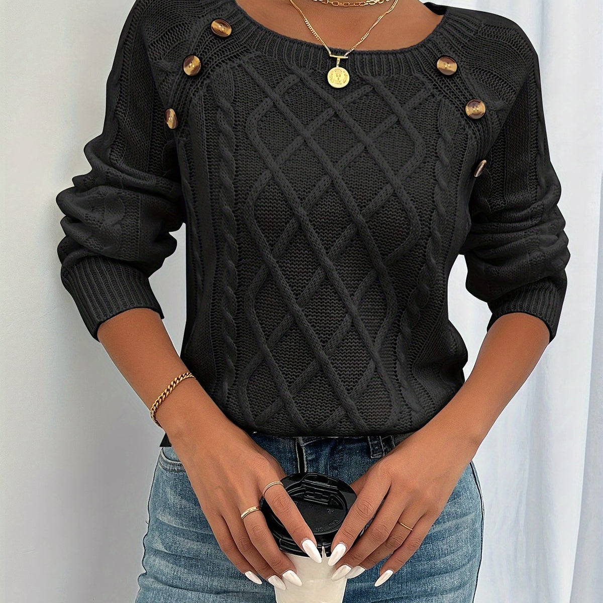 Claribel Textured Button-Detail Knit Sweater