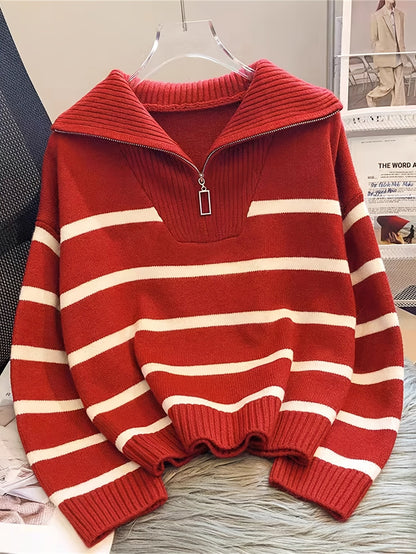 Cosette Striped Half-Zip Collared Sweater