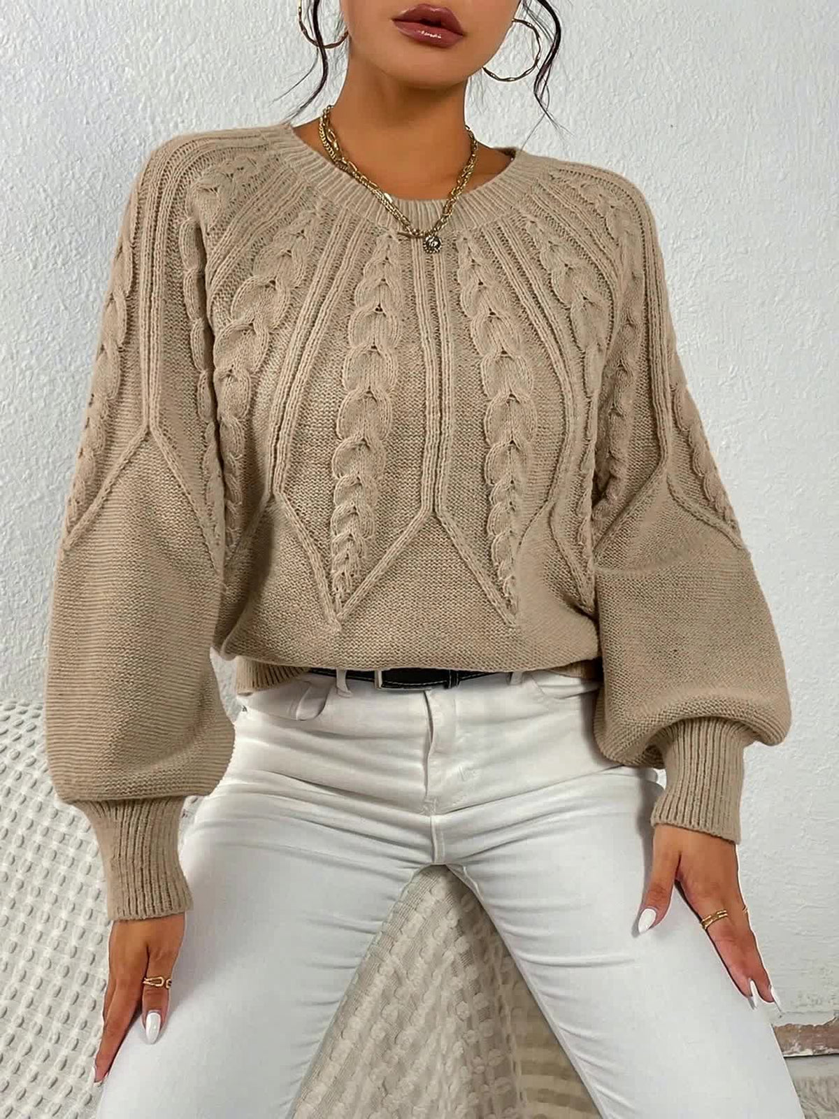 Coralie Cable-Knit Lantern Sleeve Sweater