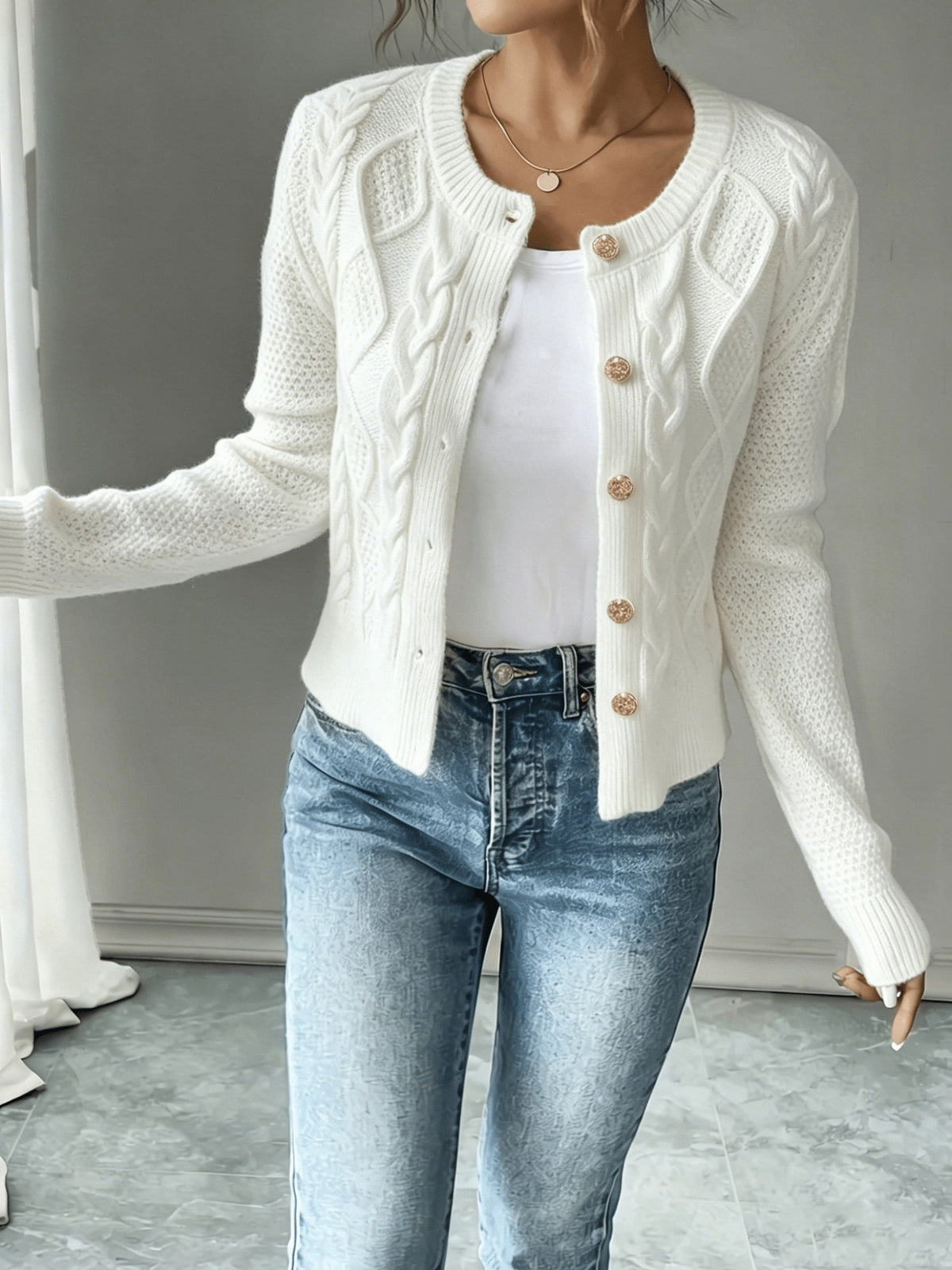 Melisande Cable-Knit Button-Front Cardigan