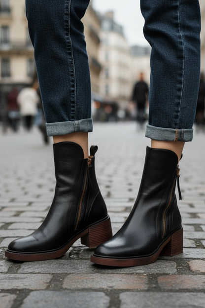 Selena Black Leather Ankle Boots