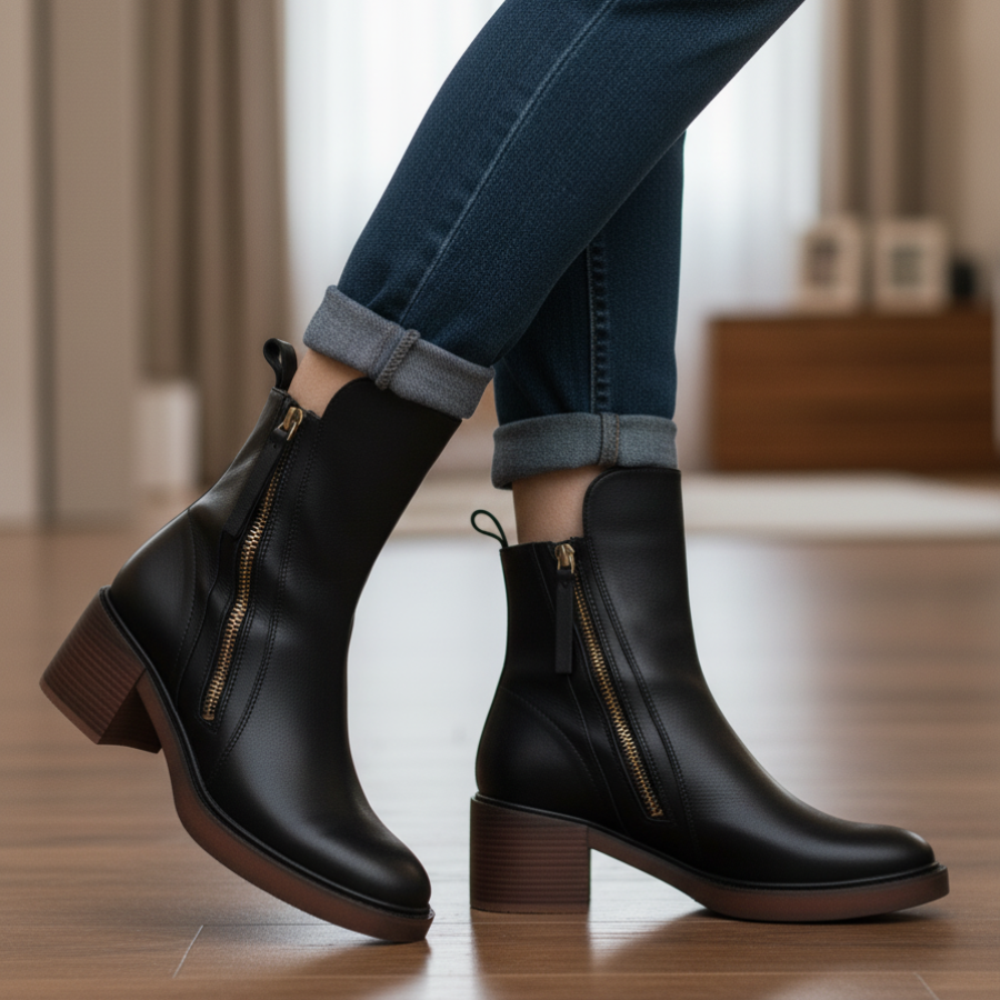 Selena Black Leather Ankle Boots