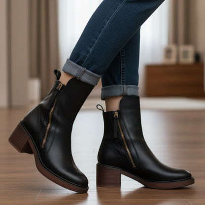 Selena Black Leather Ankle Boots