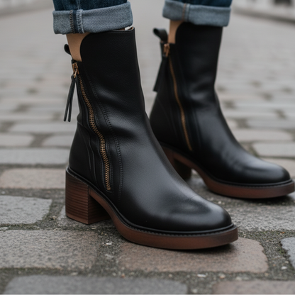 Selena Black Leather Ankle Boots