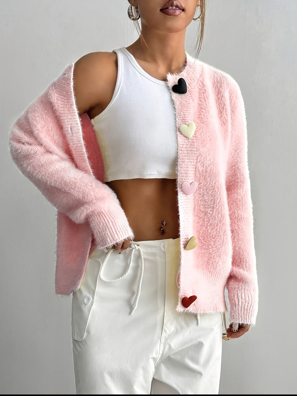 Eloise Fluffy Cropped Heart-Button Cardigan