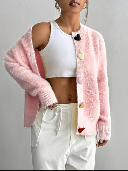 Eloise Fluffy Cropped Heart-Button Cardigan
