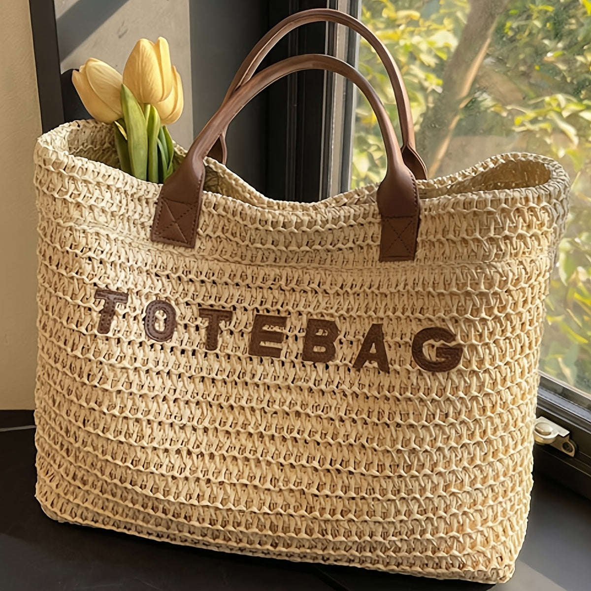 Vespera Woven Leather Handle Tote Bag