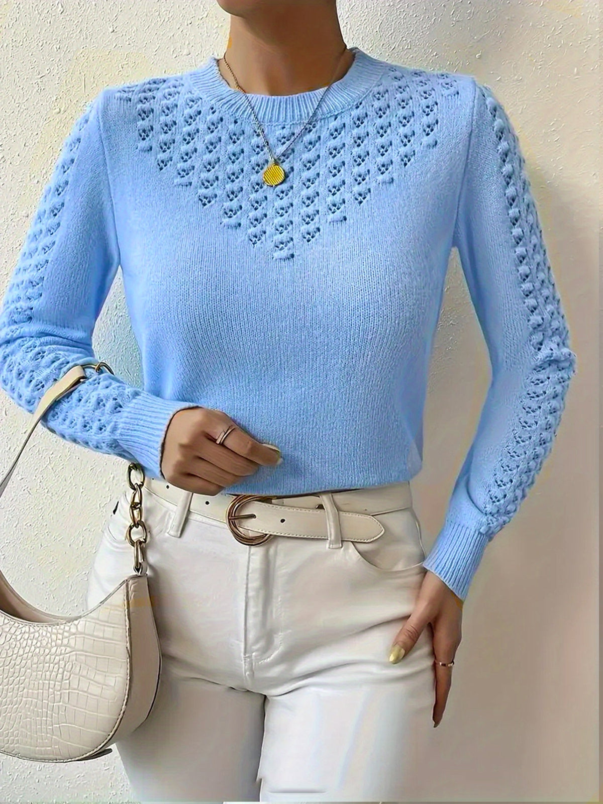Cassia Pointelle Crew-Neck Knit Sweater