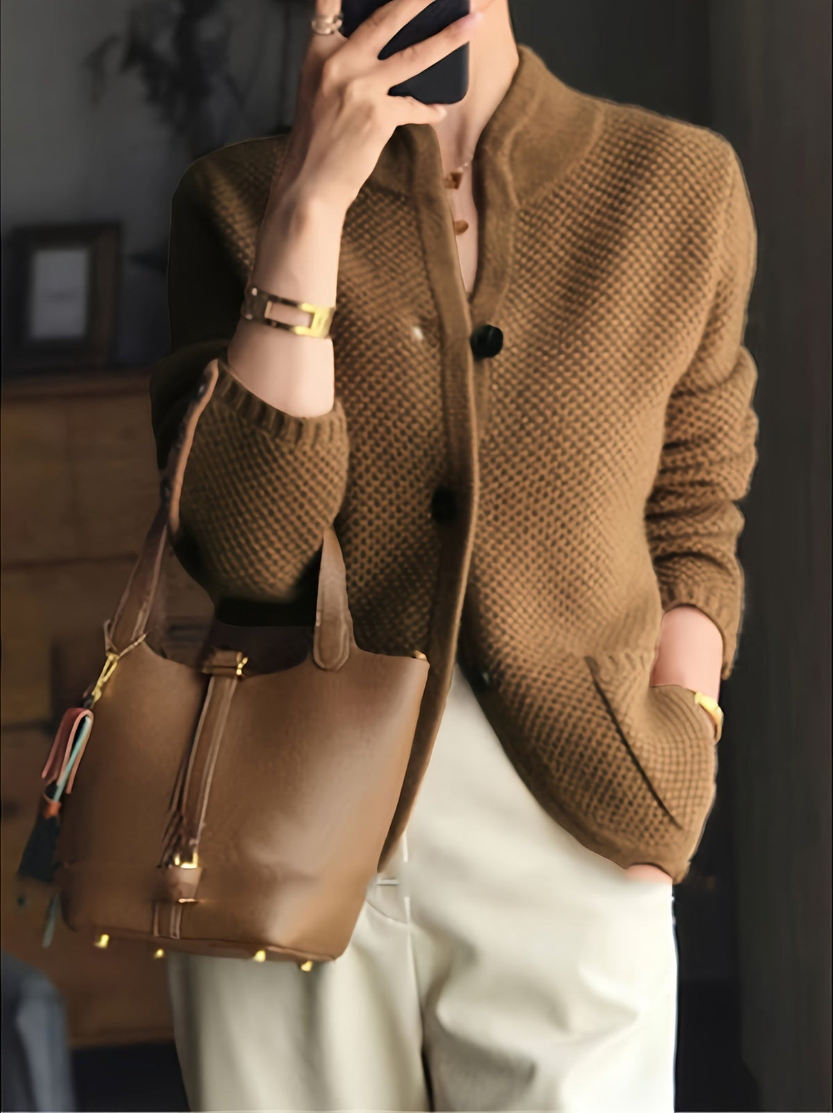 Cecile Textured Stand-Collar Cardigan