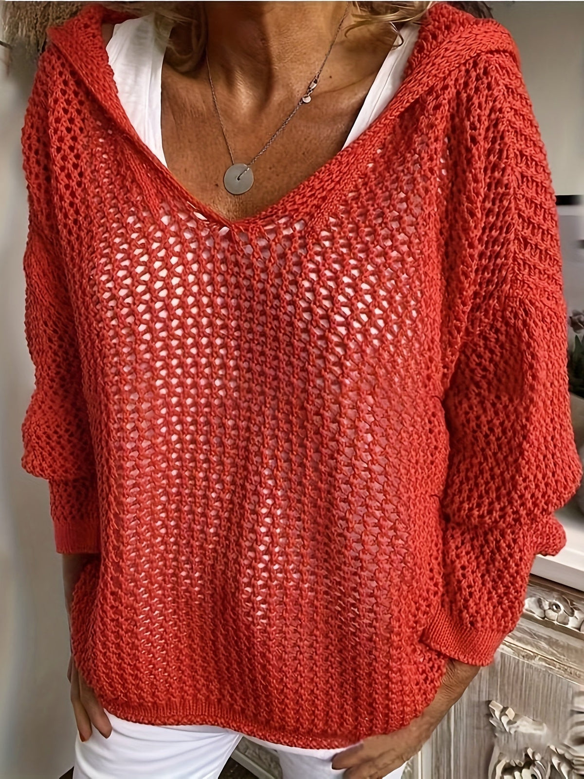 Isabeau Open-Knit Hooded Sweater