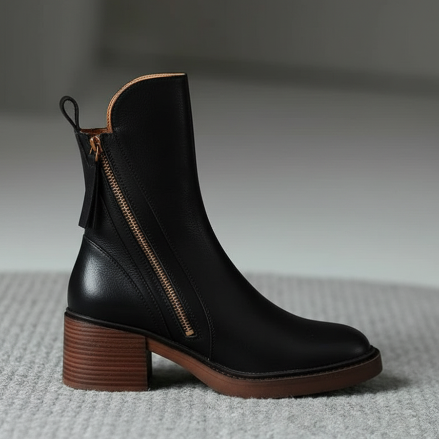 Selena Black Leather Ankle Boots