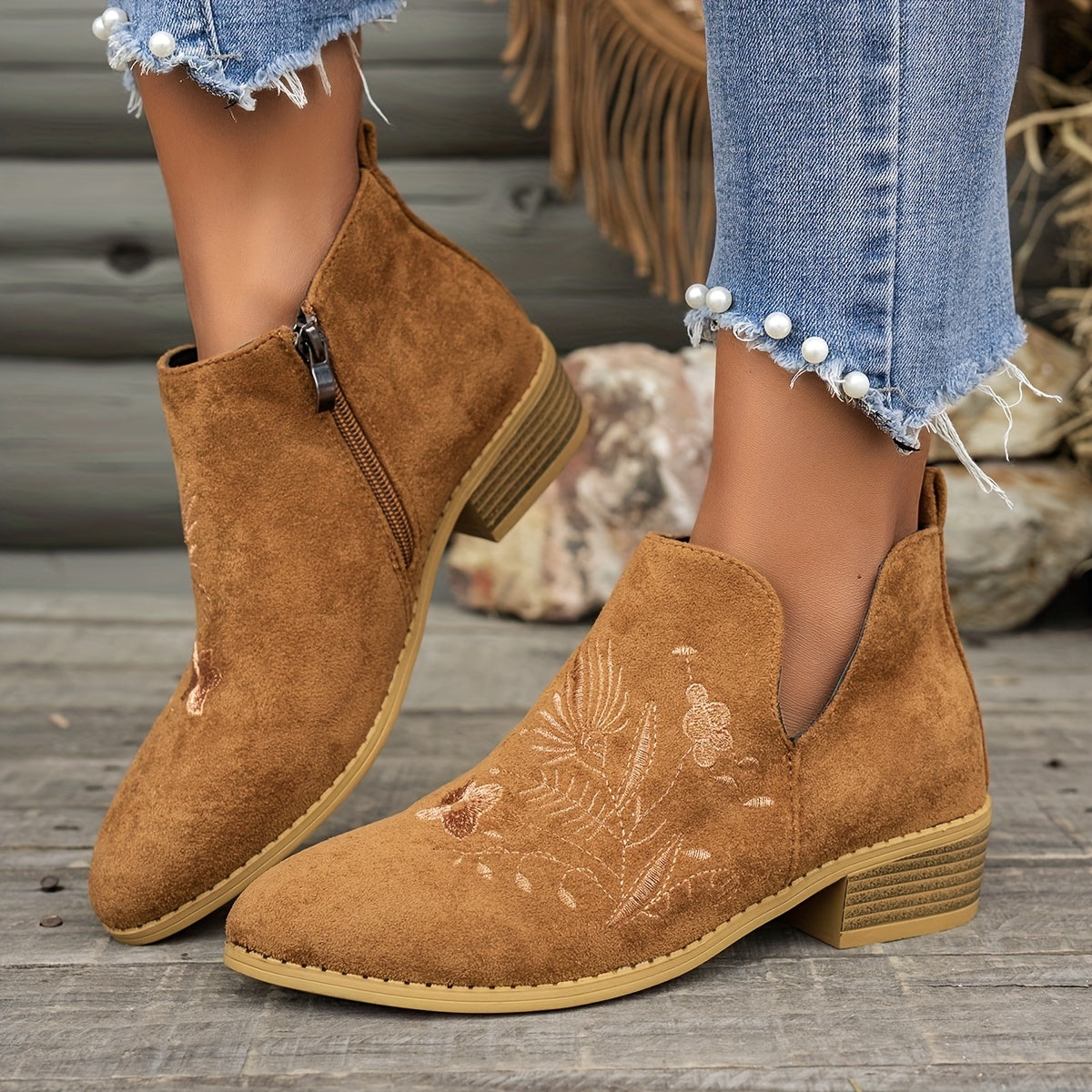 Dahlia Embroidered Low-Heel Ankle Boots
