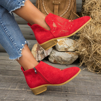 Dahlia Embroidered Low-Heel Ankle Boots