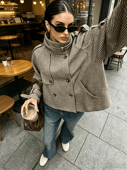 Cecelia Houndstooth Stand-Collar Jacket