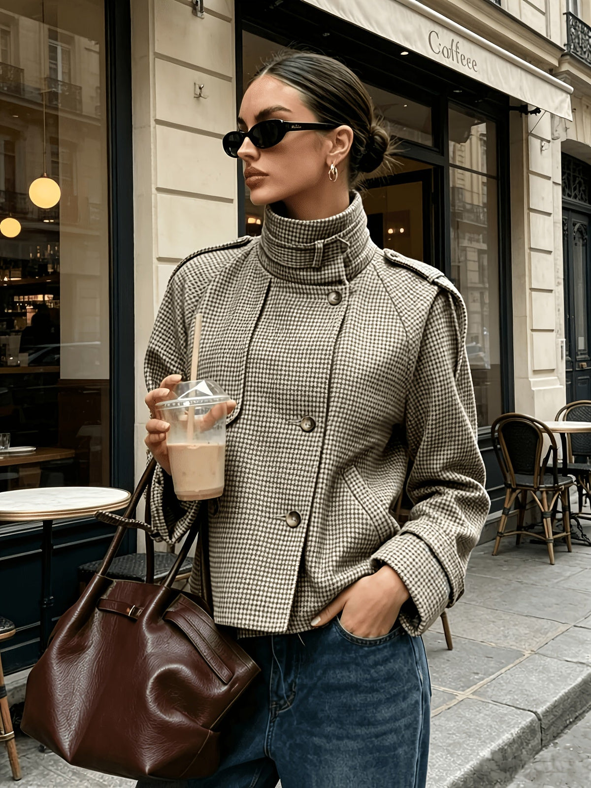 Cecelia Houndstooth Stand-Collar Jacket