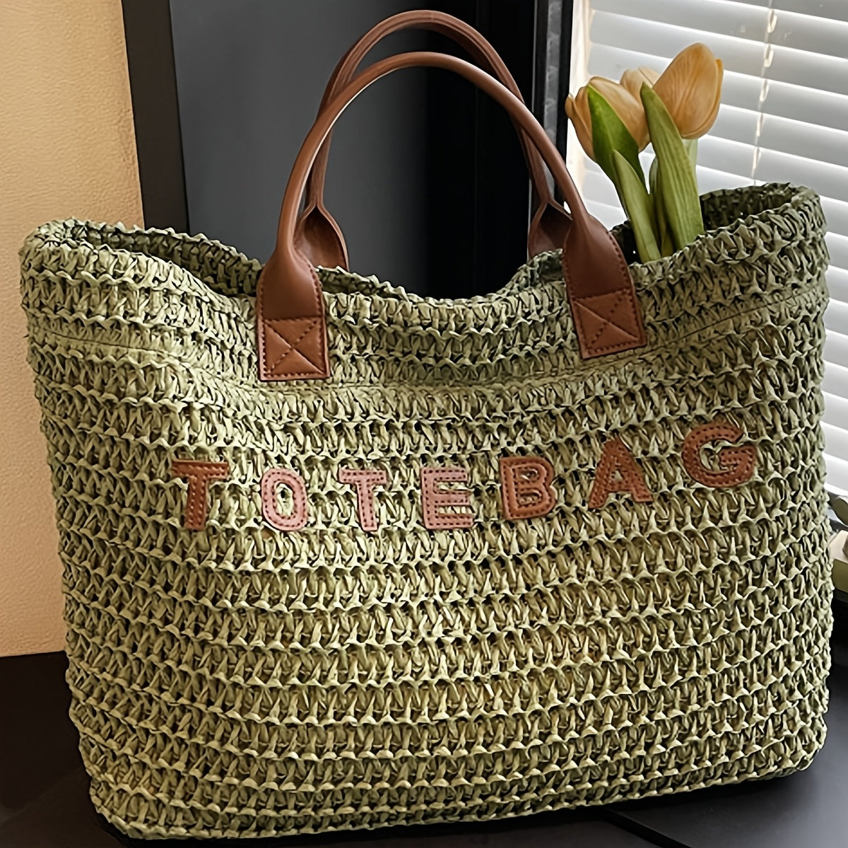 Vespera Woven Leather Handle Tote Bag