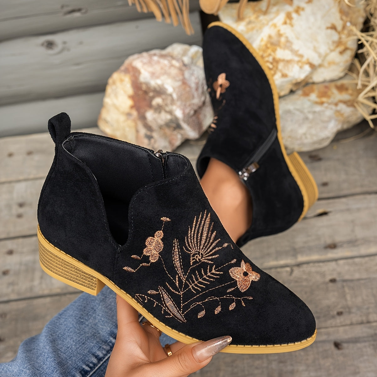 Dahlia Embroidered Low-Heel Ankle Boots
