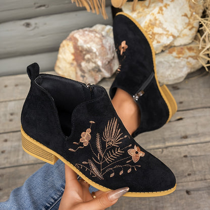 Dahlia Embroidered Low-Heel Ankle Boots