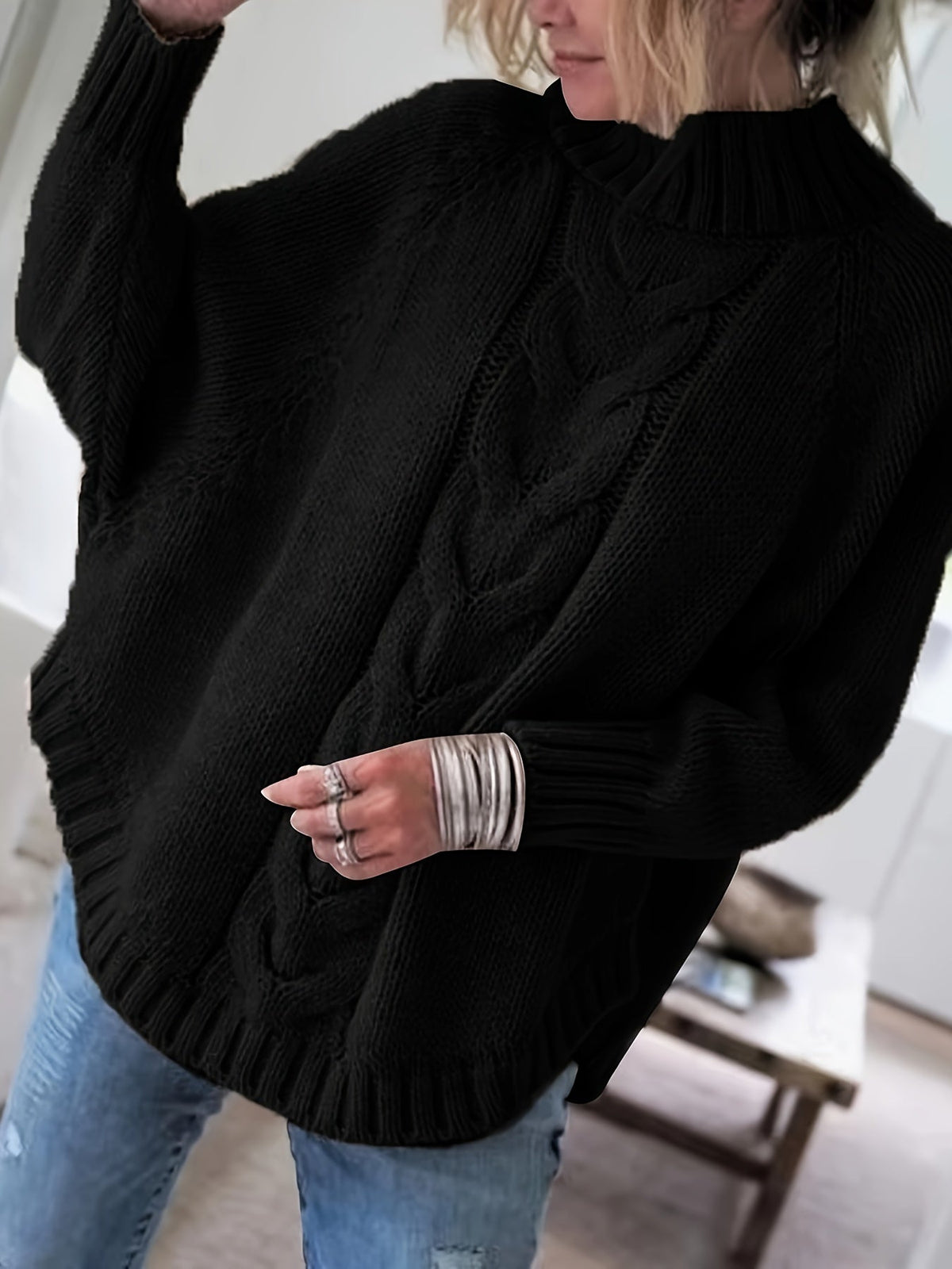 Eira Wool Cable-Knit High-Neck Sweater