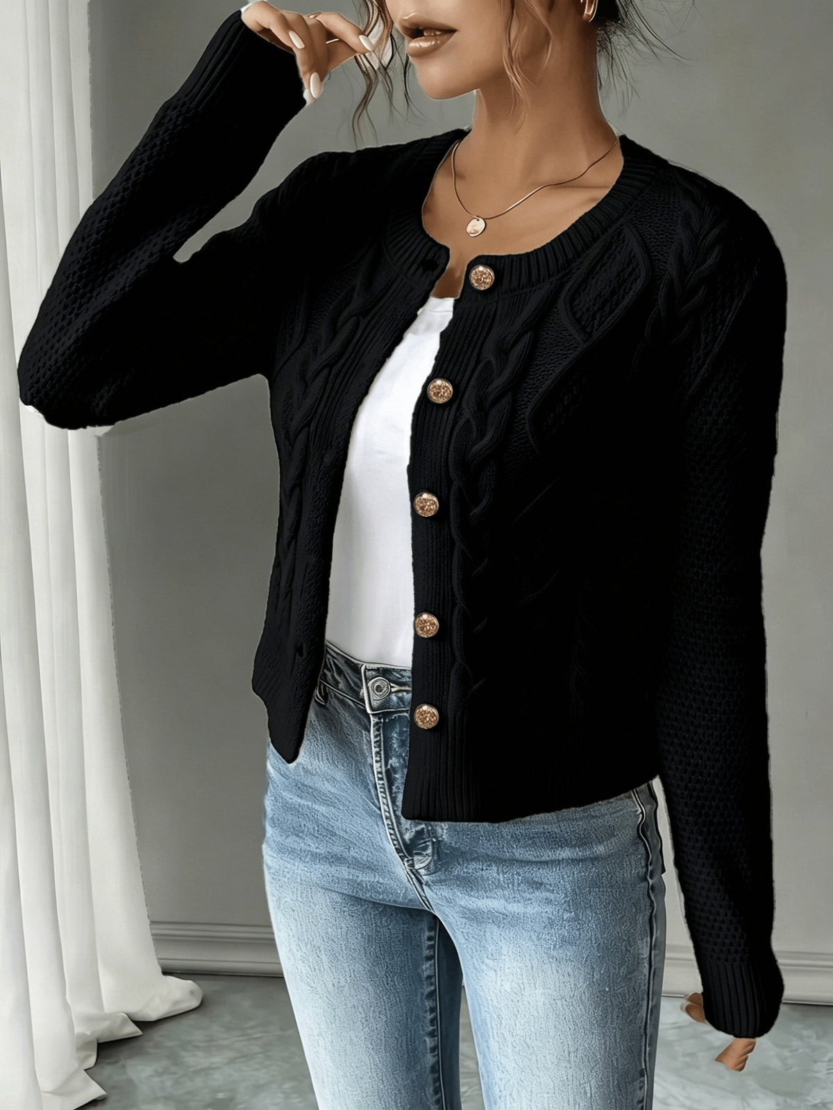 Melisande Cable-Knit Button-Front Cardigan