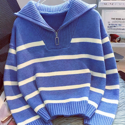 Cosette Striped Half-Zip Collared Sweater