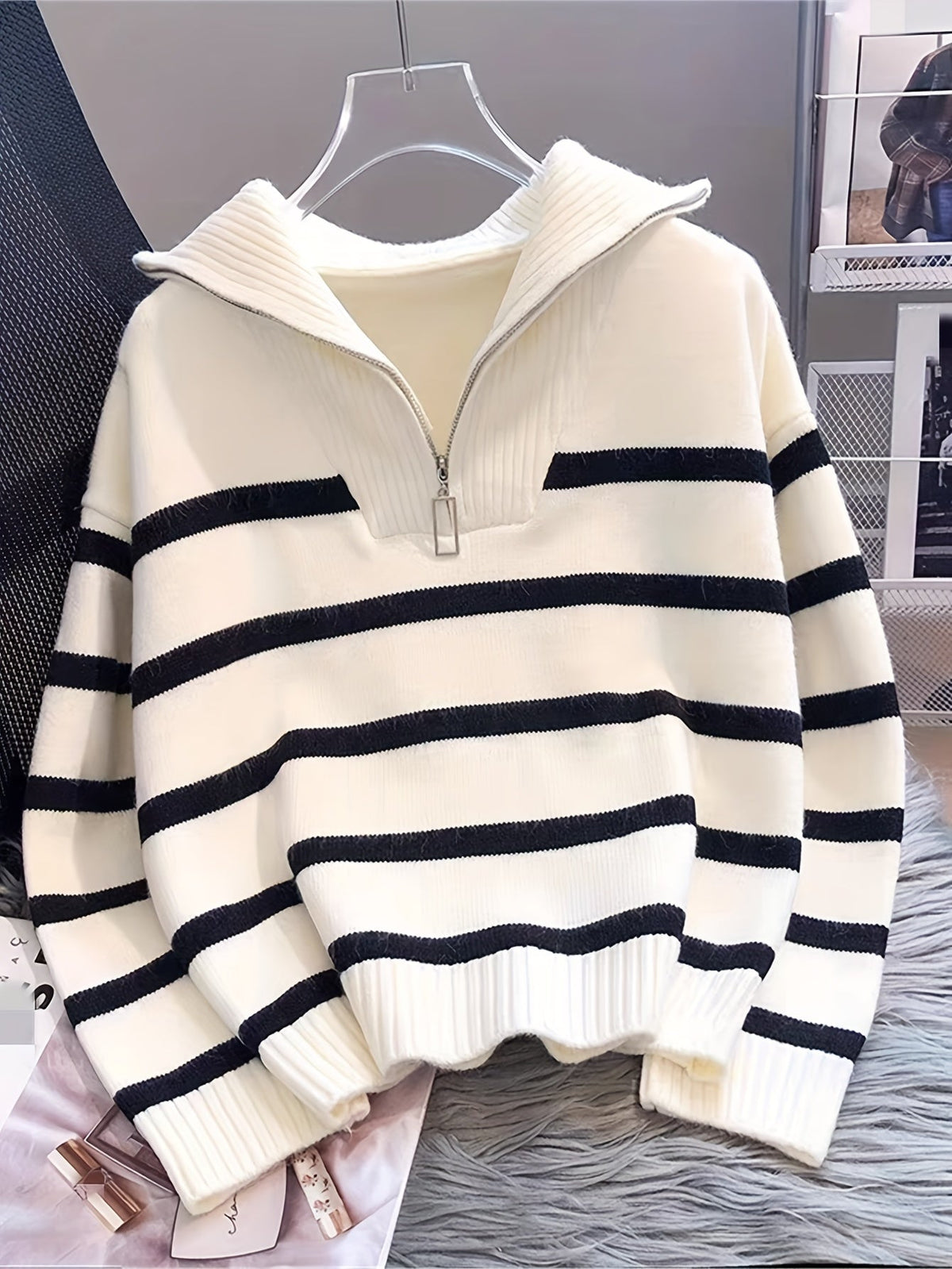 Cosette Striped Half-Zip Collared Sweater