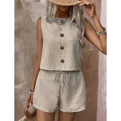 Adriana Sleeveless Button-Down Shorts Set