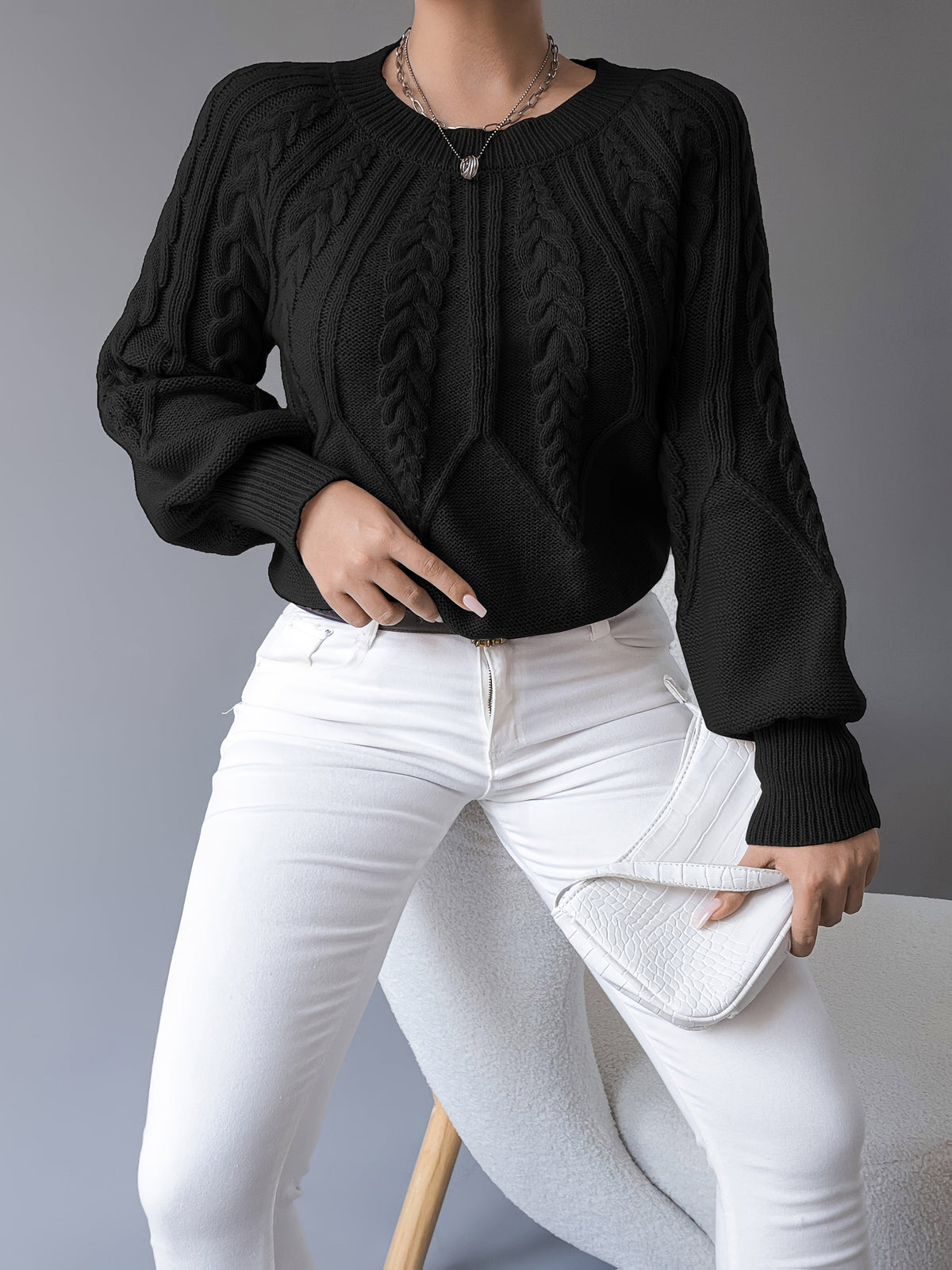 Coralie Cable-Knit Lantern Sleeve Sweater