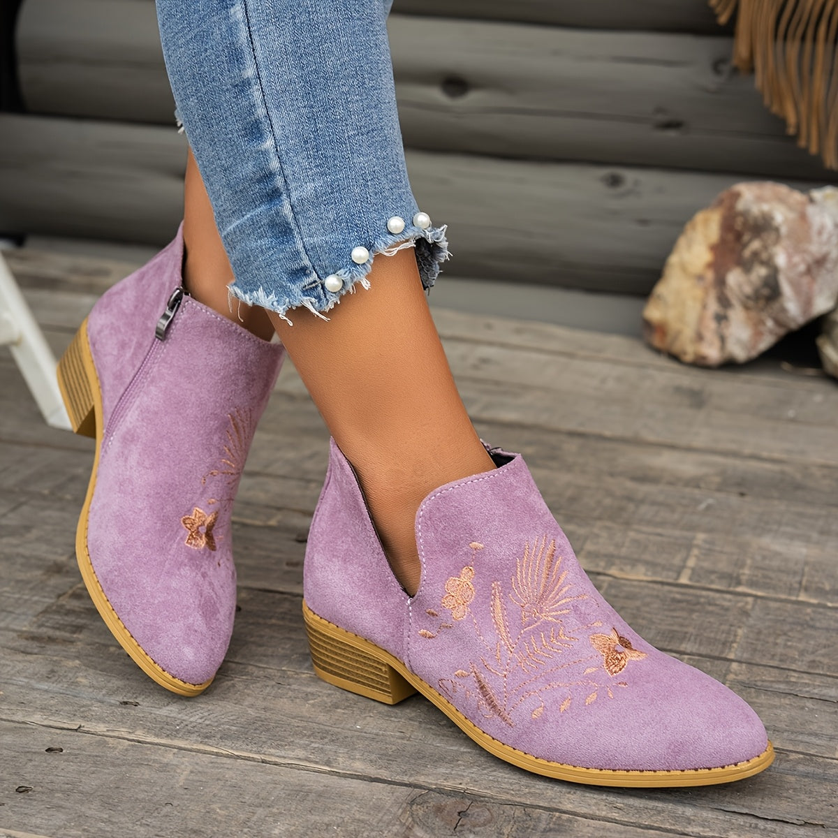 Dahlia Embroidered Low-Heel Ankle Boots