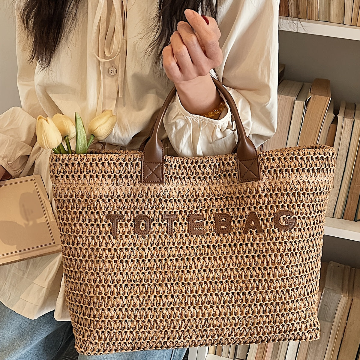 Vespera Woven Leather Handle Tote Bag